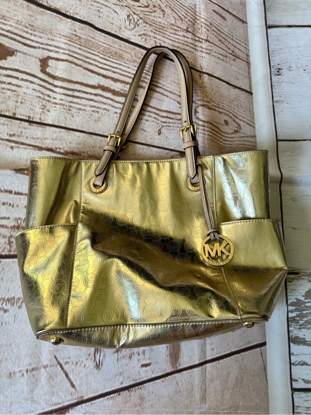 Michael Kors Metallic Gold MK-Logo Tote with Charm